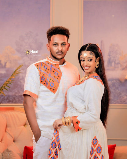Couple Habesha clothing, New  orange Tilet, Eritrean and Ethiopian Traditional Wedding Attire, Custom Made Habesha Fashion