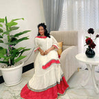 Cultural Habesha Kemis for Women, Red Tilet Eritrean & Ethiopian Traditional Dress