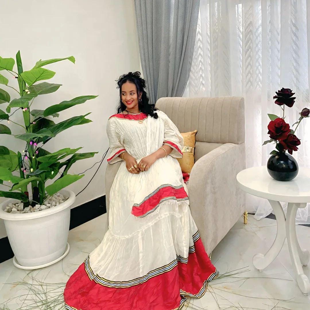 Cultural Habesha Kemis for Women, Red Tilet Eritrean & Ethiopian Traditional Dress
