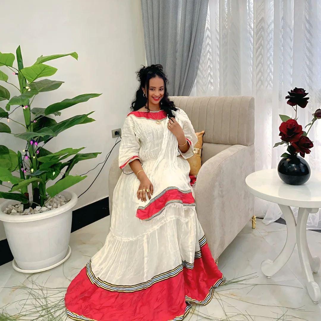 Cultural Habesha Kemis for Women, Red Tilet Eritrean & Ethiopian Traditional Dress