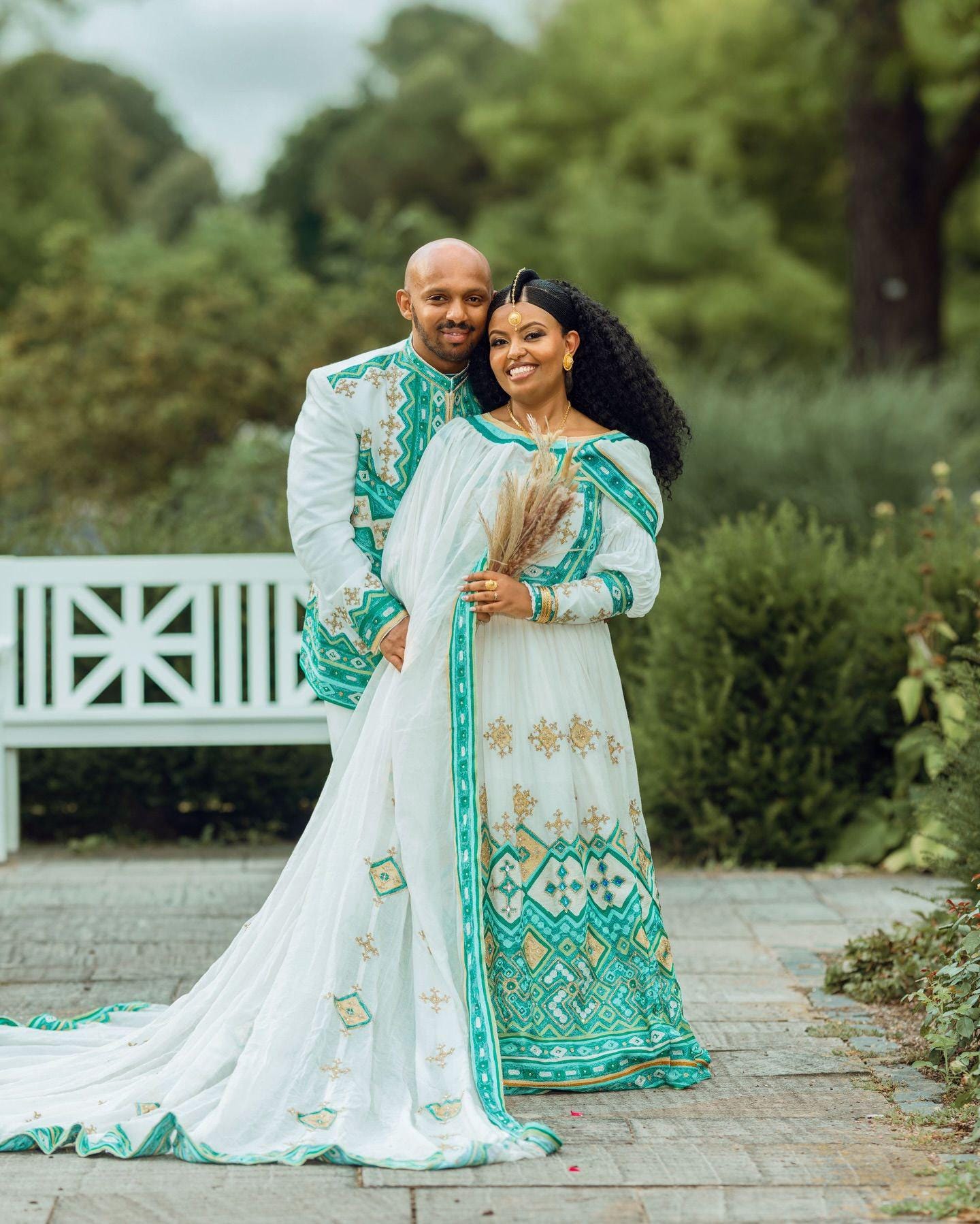 Couple  Custom Made Habesha clothing, New Green & silver Tilet, Eritrean and Ethiopian Traditional Wedding Attire
