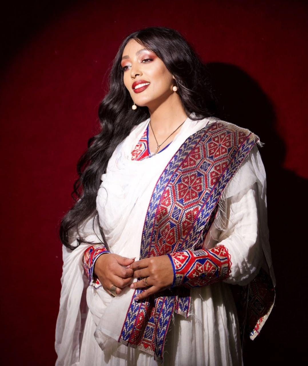 Cultural Habesha Kemis for Women, Red and Blue Bold Tilet, Eritrean & Ethiopian Traditional Dress