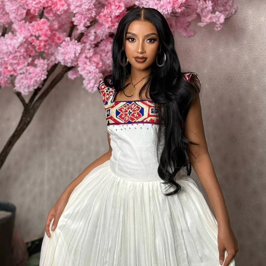 Cultural Habesha Kemis for Women, Red and Blue Bold Tilet, Eritrean & Ethiopian Traditional Dress