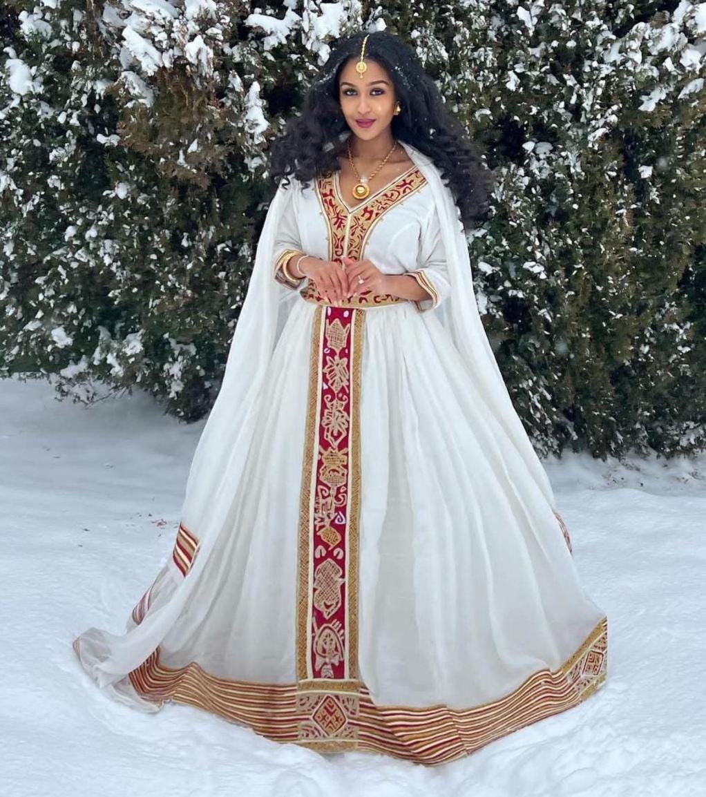 Cultural Habesha Kemis for Women Red And Golden Tilet