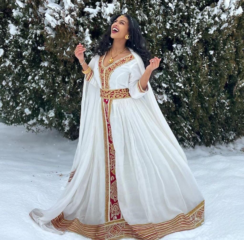 Cultural Habesha Kemis for Women, Red And Golden Tilet, Eritrean & Ethiopian Traditional Dress