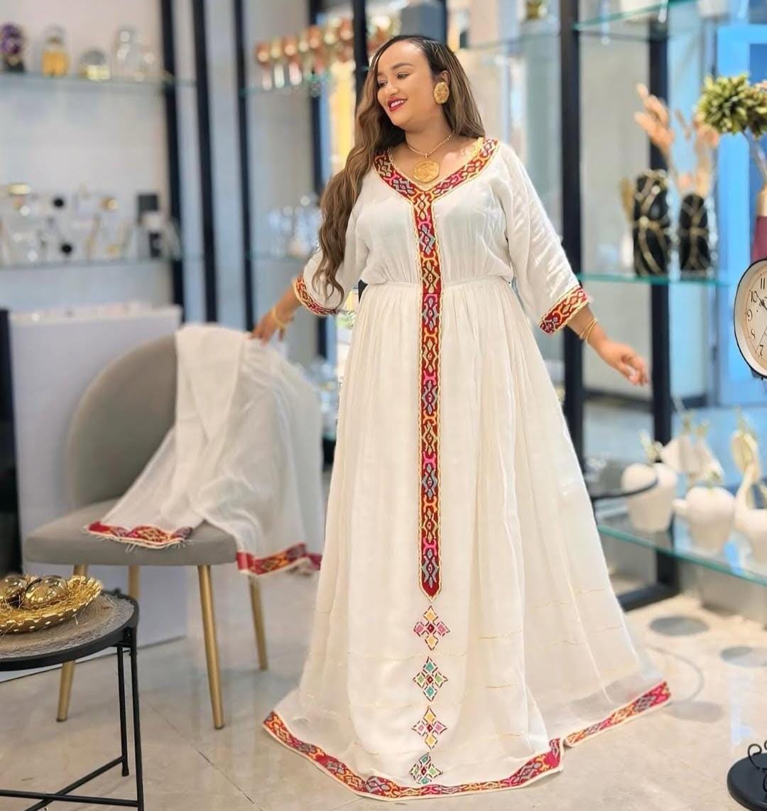 Cultural Habesha Kemis for Women, Thin Tilet Eritrean & Ethiopian Traditional Dress