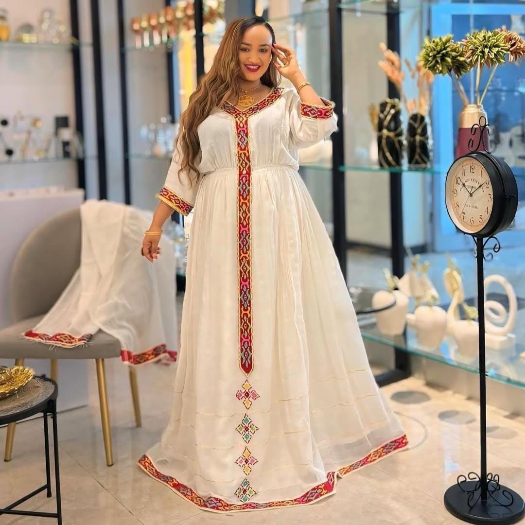 Cultural Habesha Kemis for Women, Thin Tilet Eritrean & Ethiopian Traditional Dress