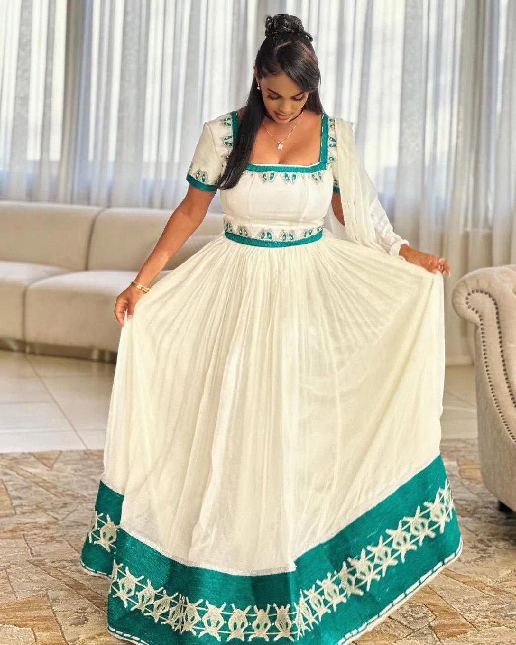 Cultural Habesha Kemis for Women, Green Tilet Eritrean & Ethiopian Traditional Dress, Handmade Wear