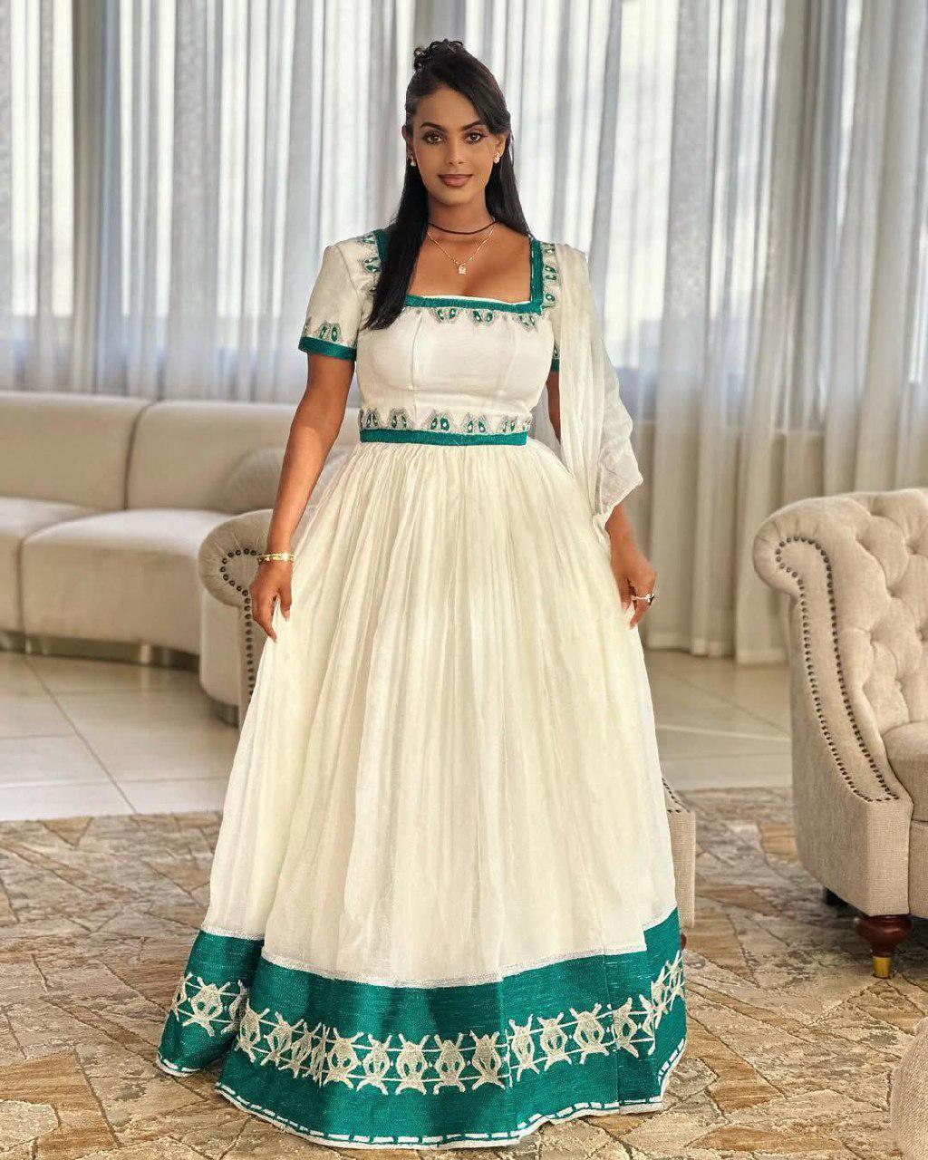 Cultural Habesha Kemis for Women, Green Tilet Eritrean & Ethiopian Traditional Dress, Handmade Wear