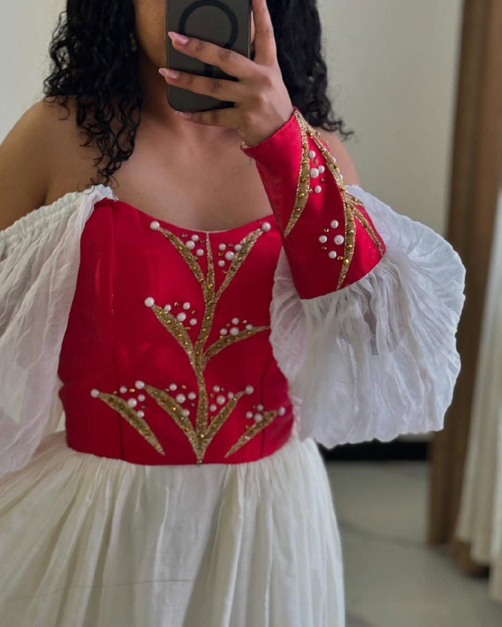 Cultural Habesha Kemis for Women, Modern Red Tilet Eritrean & Ethiopian Traditional Dress, Handmade Custom Made Wear