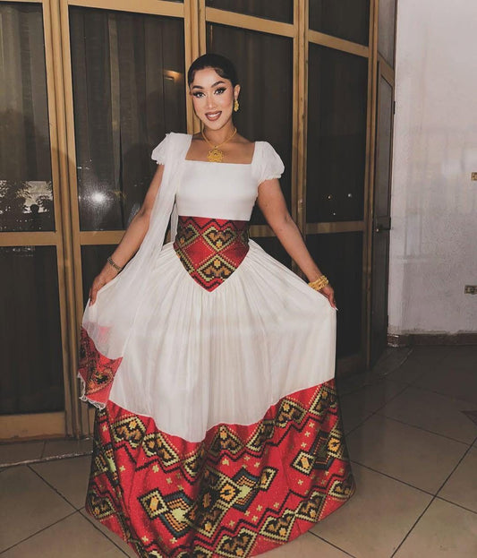 Cultural Habesha Kemis for Women,  Modern Red Tilet Eritrean & Ethiopian Traditional Dress, Handwoven Custom Wear