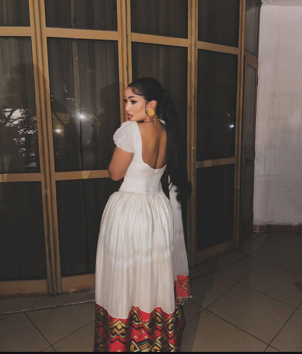 Cultural Habesha Kemis for Women,  Modern Red Tilet Eritrean & Ethiopian Traditional Dress, Handwoven Custom Wear