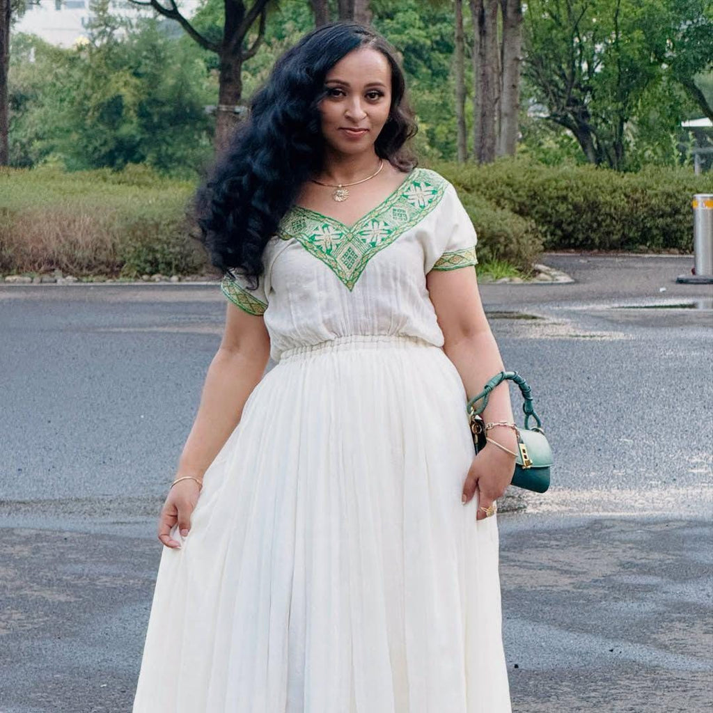 Cultural Habesha Kemis for Women Green Tilet Eritrean & 3