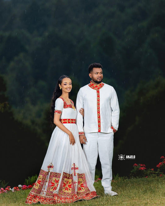 Couple Habesha clothing,New Red & gold Tilet Eritrean and Ethiopian Traditional Wedding Attire, Custom Made Habesha Fashion