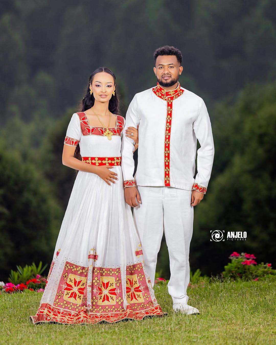Couple Habesha clothing,New Red & gold Tilet Eritrean and Ethiopian Traditional Wedding Attire, Custom Made Habesha Fashion