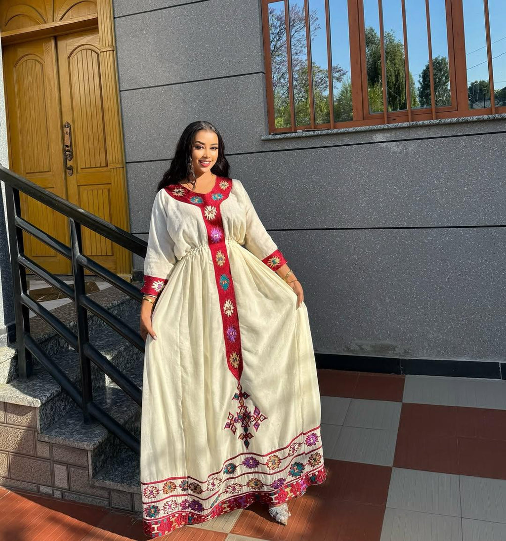 Cultural Habesha Kemis for Women Handmade Red Tilet