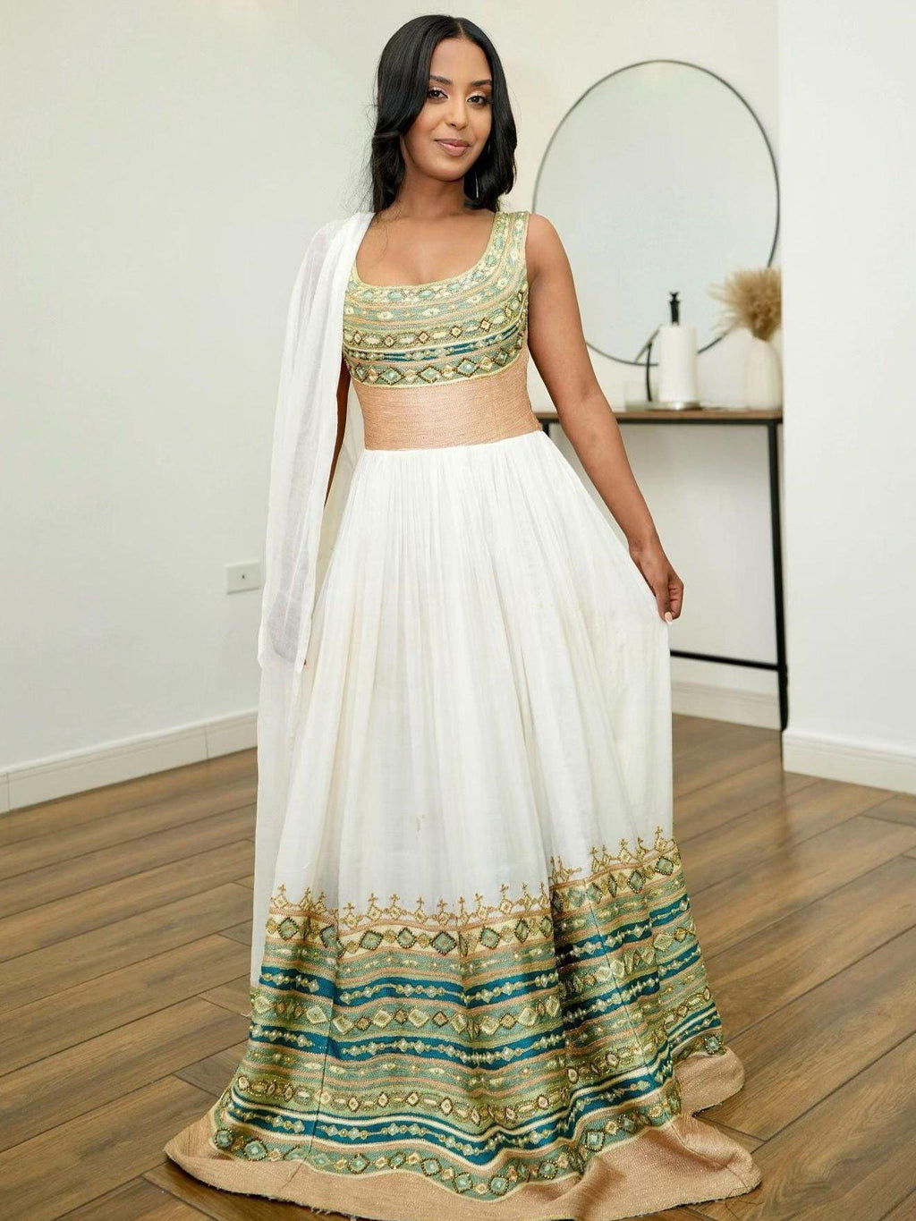 Cultural Habesha Kemis for Women, Green and Golden Tilet Eritrean & Ethiopian Traditional Dress
