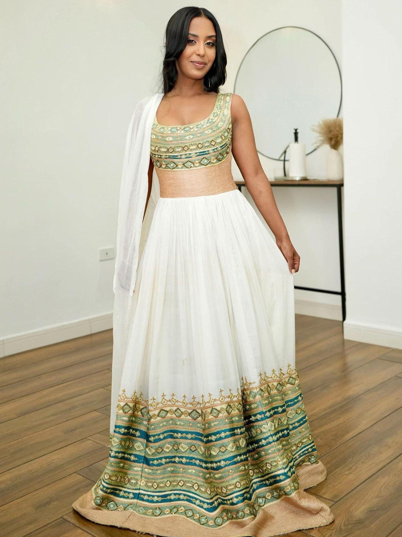 Cultural Habesha Kemis for Women, Green and Golden Tilet Eritrean & Ethiopian Traditional Dress