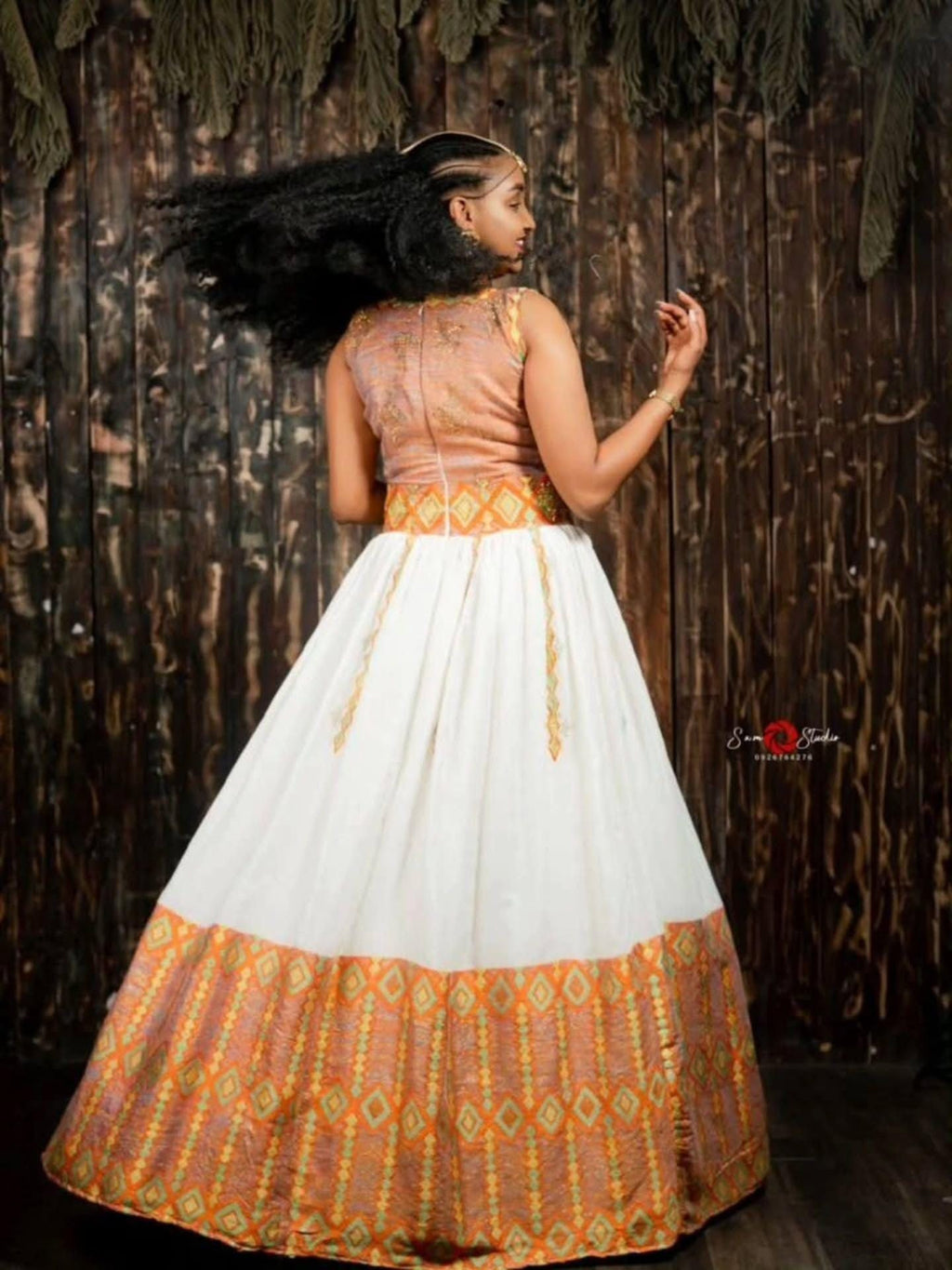 Cultural Habesha Kemis for Women,  Orange Tilet Eritrean & Ethiopian Traditional Dress