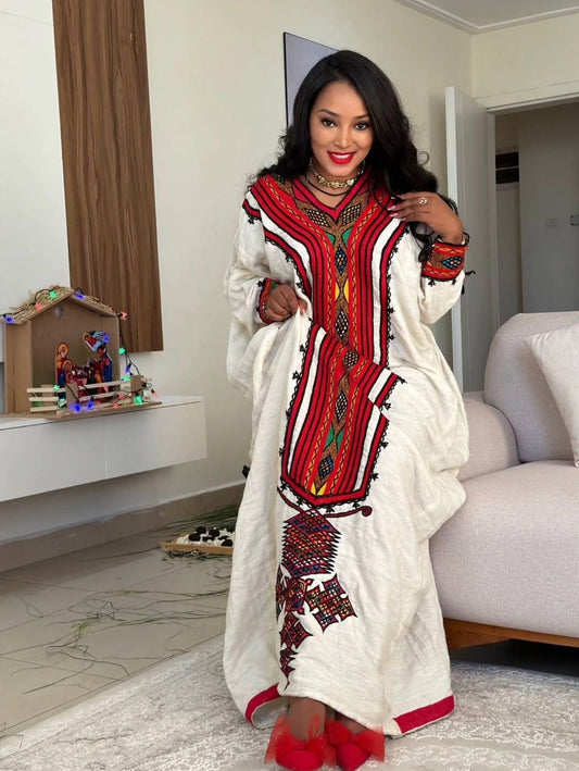 Cultural Habesha Fetil Kemis for Women, Red Tilet Eritrean & Ethiopian Traditional Dress, Cotton Fabric Clothing