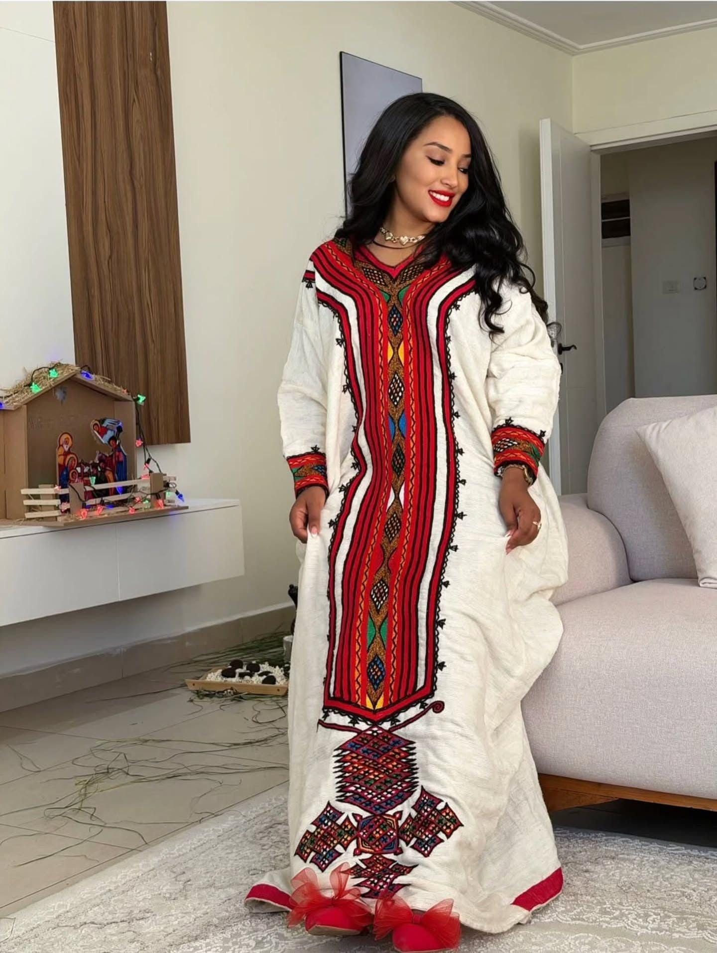 Cultural Habesha Fetil Kemis for Women, Red Tilet Eritrean & Ethiopian Traditional Dress, Cotton Fabric Clothing