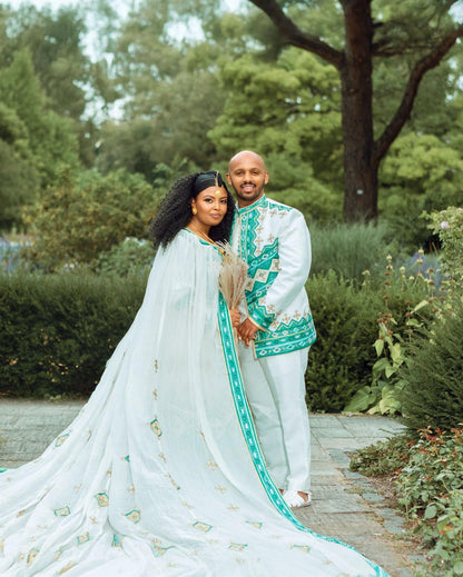 Couple  Custom Made Habesha clothing, New Green & silver Tilet, Eritrean and Ethiopian Traditional Wedding Attire