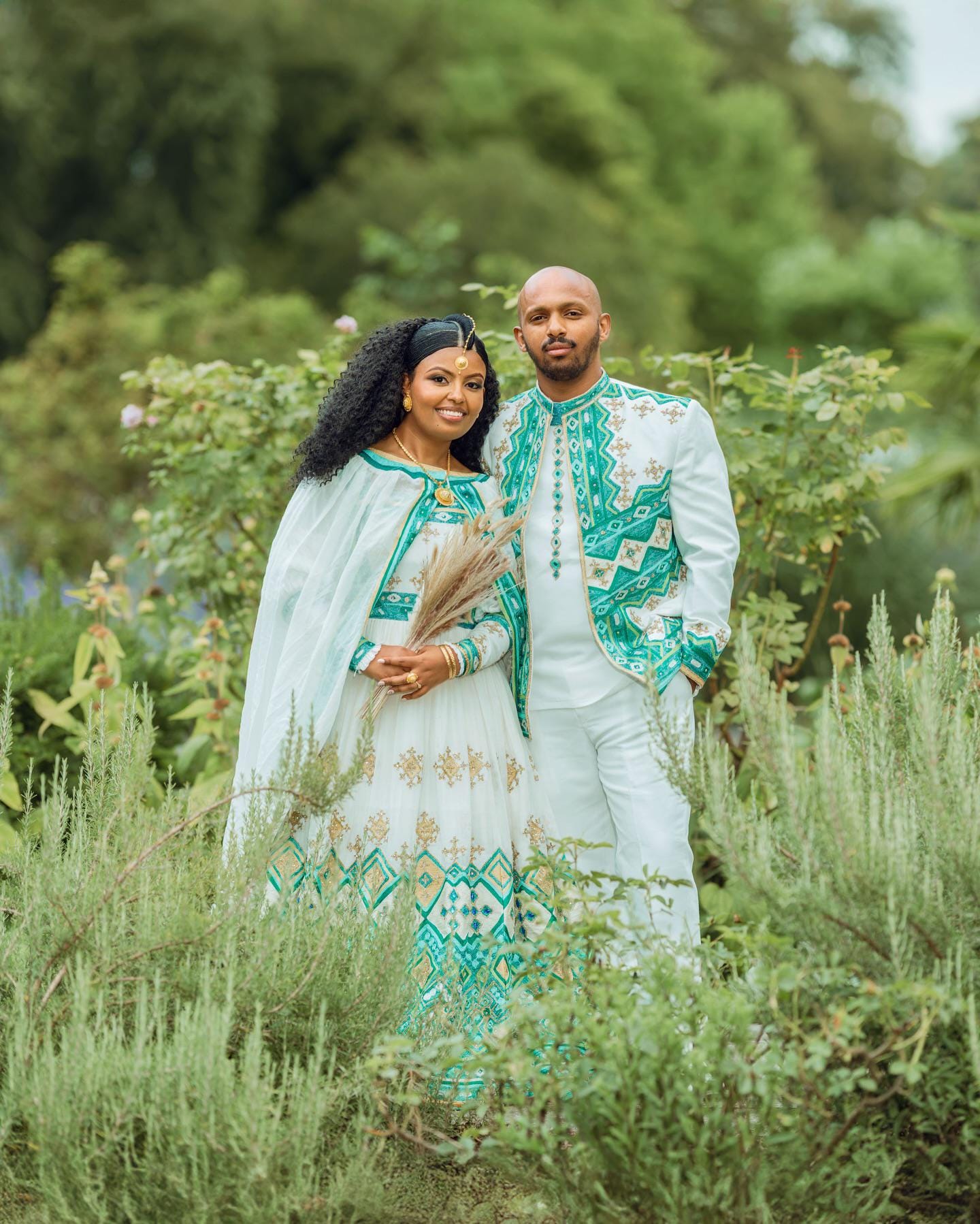 Couple  Custom Made Habesha clothing, New Green & silver Tilet, Eritrean and Ethiopian Traditional Wedding Attire