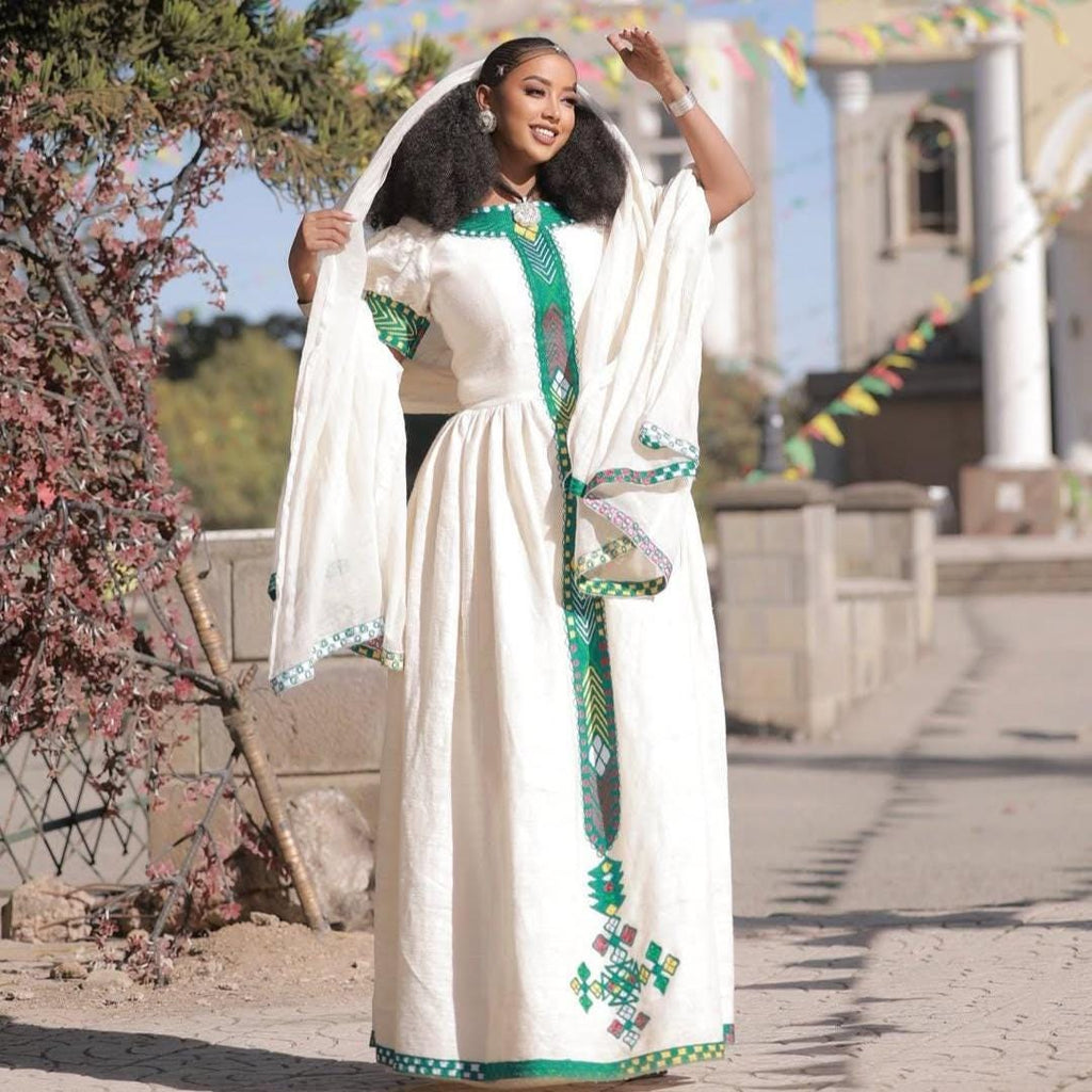 Cultural Habesha Kemis for Women, Handmade Green Tilet Eritrean & Ethiopian Traditional Dress