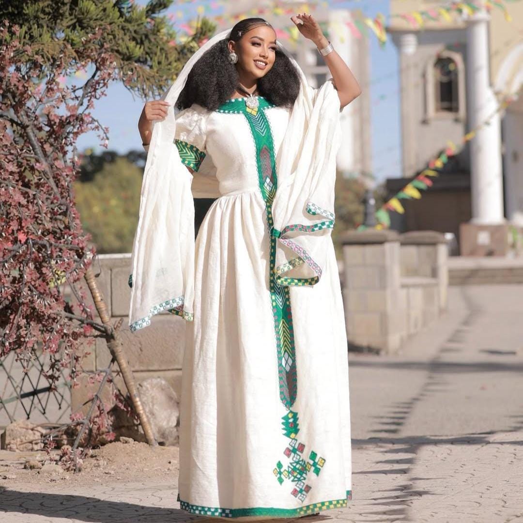 Cultural Habesha Kemis for Women, Handmade Green Tilet Eritrean & Ethiopian Traditional Dress