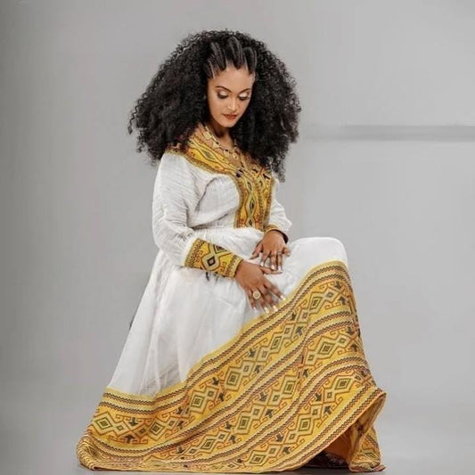 Cultural Habesha Kemis for Women, Golden Tilet Eritrean & Ethiopian Traditional Dress, Traditional Fabric Handmade Fashion