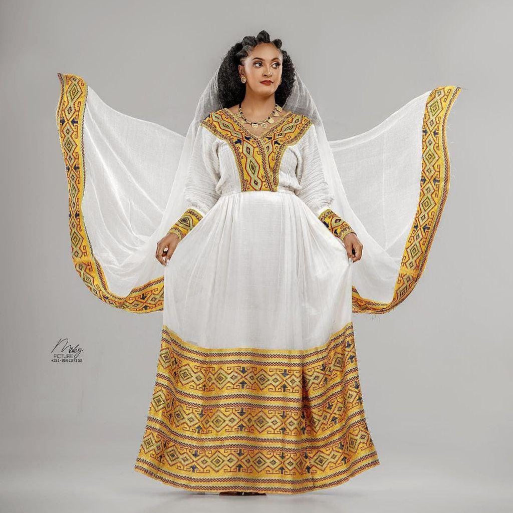 Cultural Habesha Kemis for Women, Golden Tilet Eritrean & Ethiopian Traditional Dress, Traditional Fabric Handmade Fashion