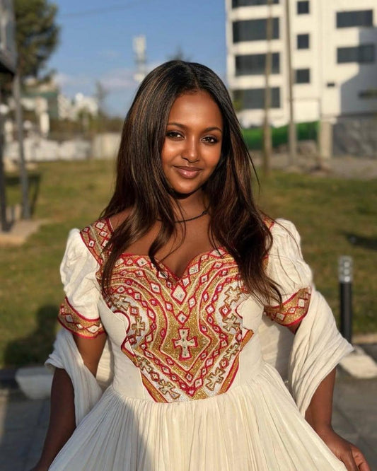 Cultural Habesha Kemis for Women golden and red  Tilet Eritrean & Ethiopian Traditional Dress