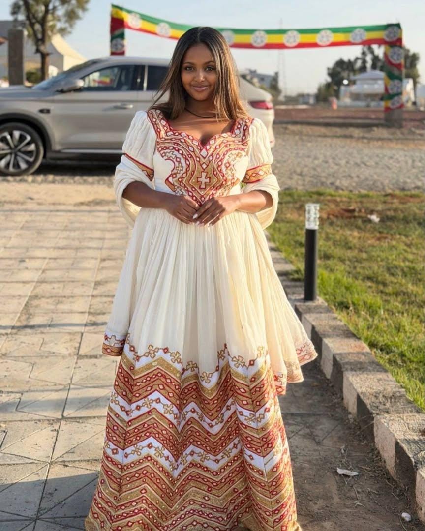Cultural Habesha Kemis for Women golden and red  Tilet Eritrean & Ethiopian Traditional Dress