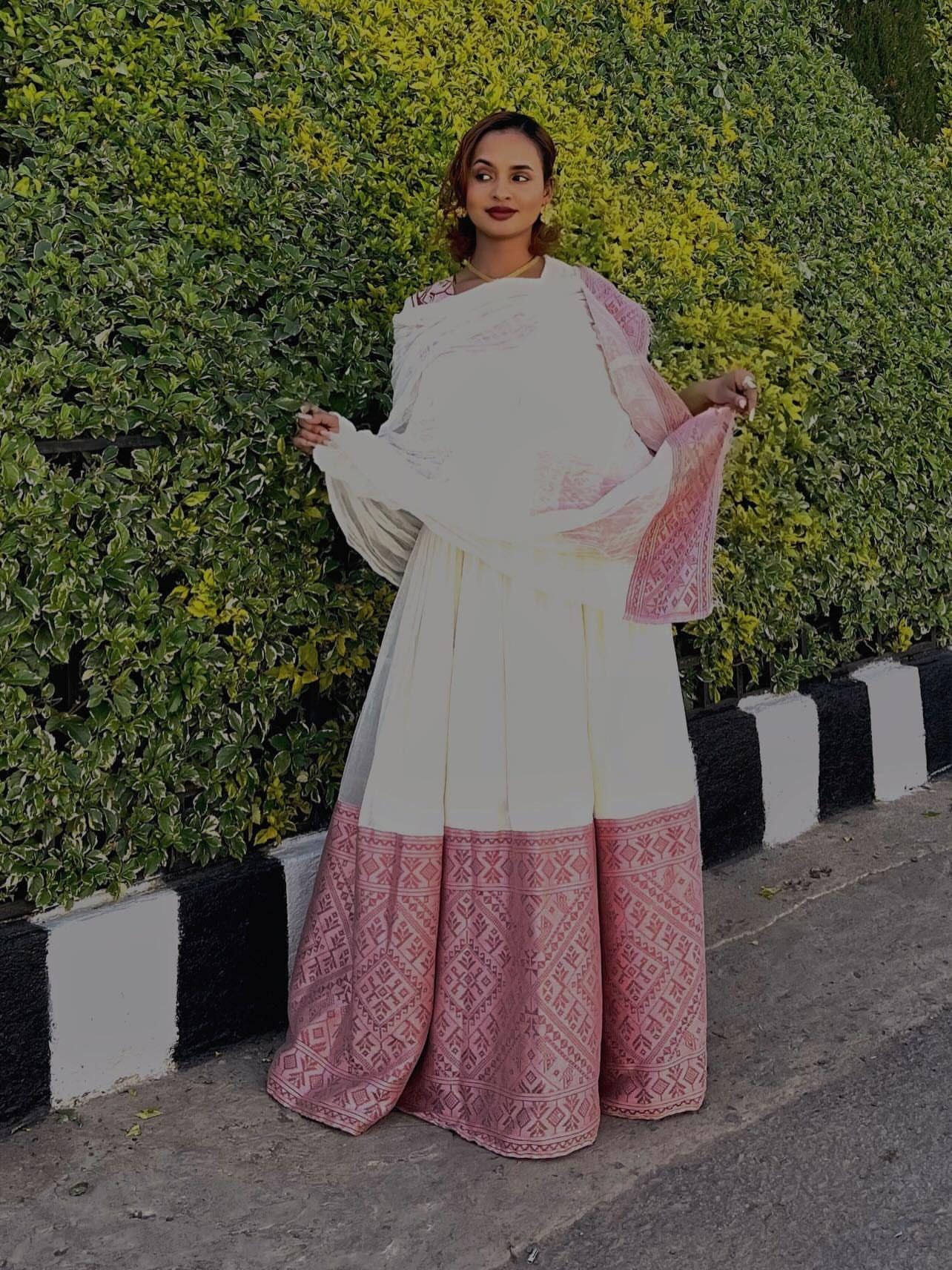 Cultural Habesha Kemis for Women,pink    Tilet Eritrean & Ethiopian Traditional Dress