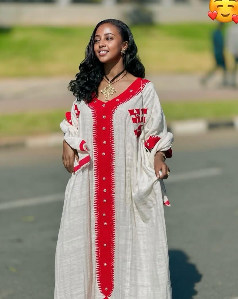 Cultural Habesha Fetil Kemis for Women ,  Red Tilet Eritrean & Ethiopian Traditional Dress