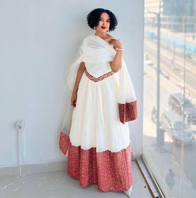 Cultural Habesha Kemis for Women, Red Tibeb Eritrean & Ethiopian Traditional Dress