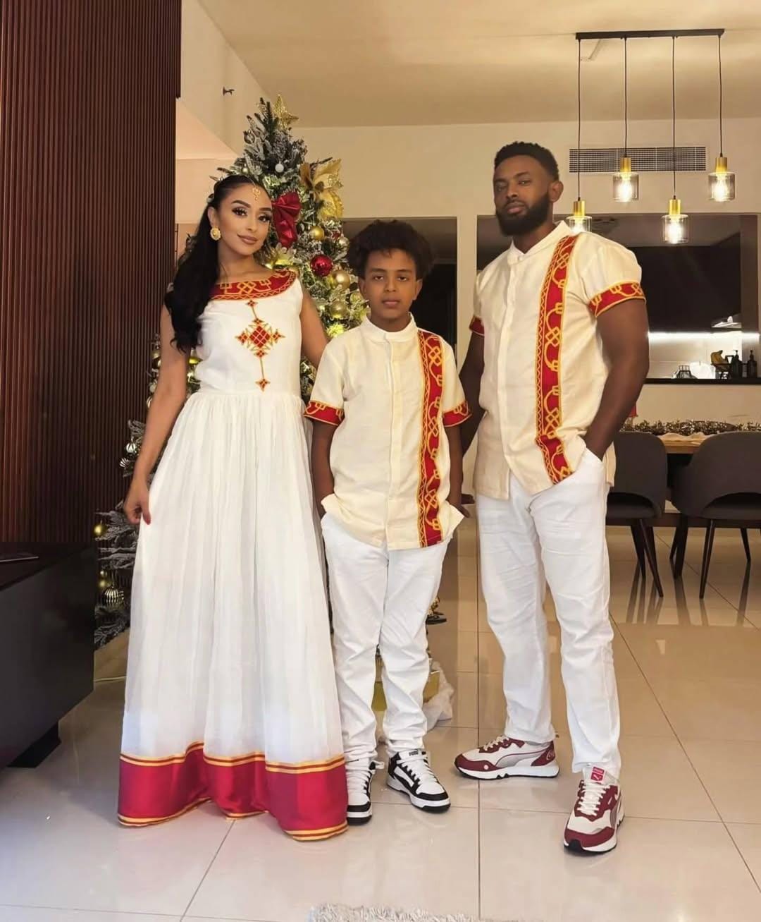 Family 3 Set Habesha Clothing, Red & Gold Tilet Eritrean and Ethiopian Traditional Attire, Custom Made