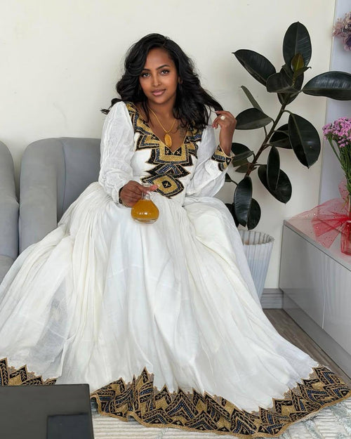 Cultural Habesha Kemis for Women Gold and Black Tilet