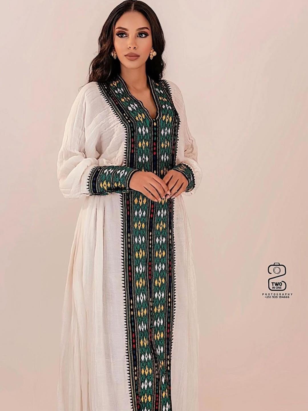Handwoven Fetil Eritrean & Ethiopian Dress, Cultural Axum Kemis With Green, Black, and Yellow Tibeb Embroidery Tibeb