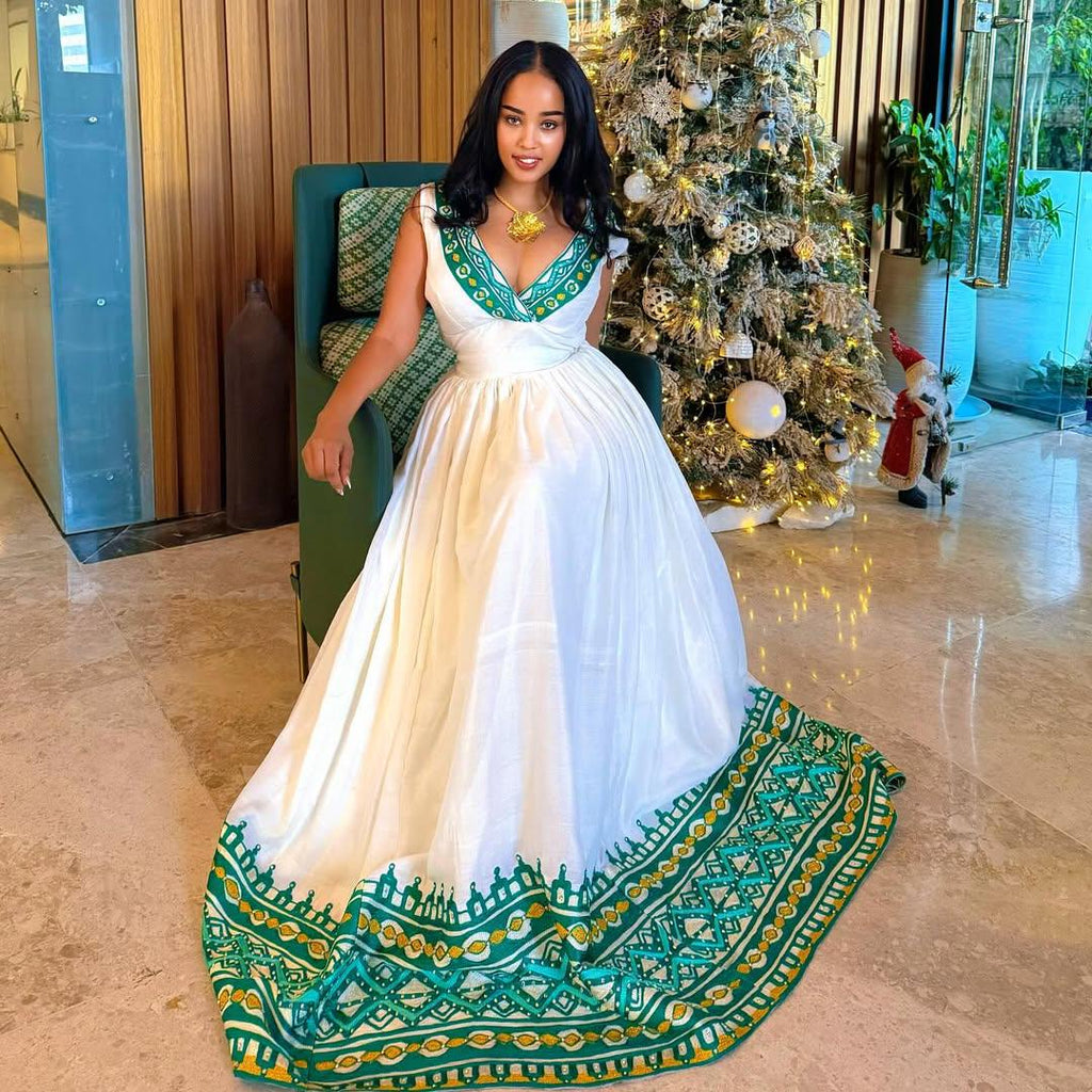 Cultural Habesha Kemis for Women, Green Tilet Eritrean & Ethiopian Traditional Dress, Custom Made
