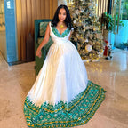 Cultural Habesha Kemis for Women, Green Tilet Eritrean & Ethiopian Traditional Dress, Custom Made