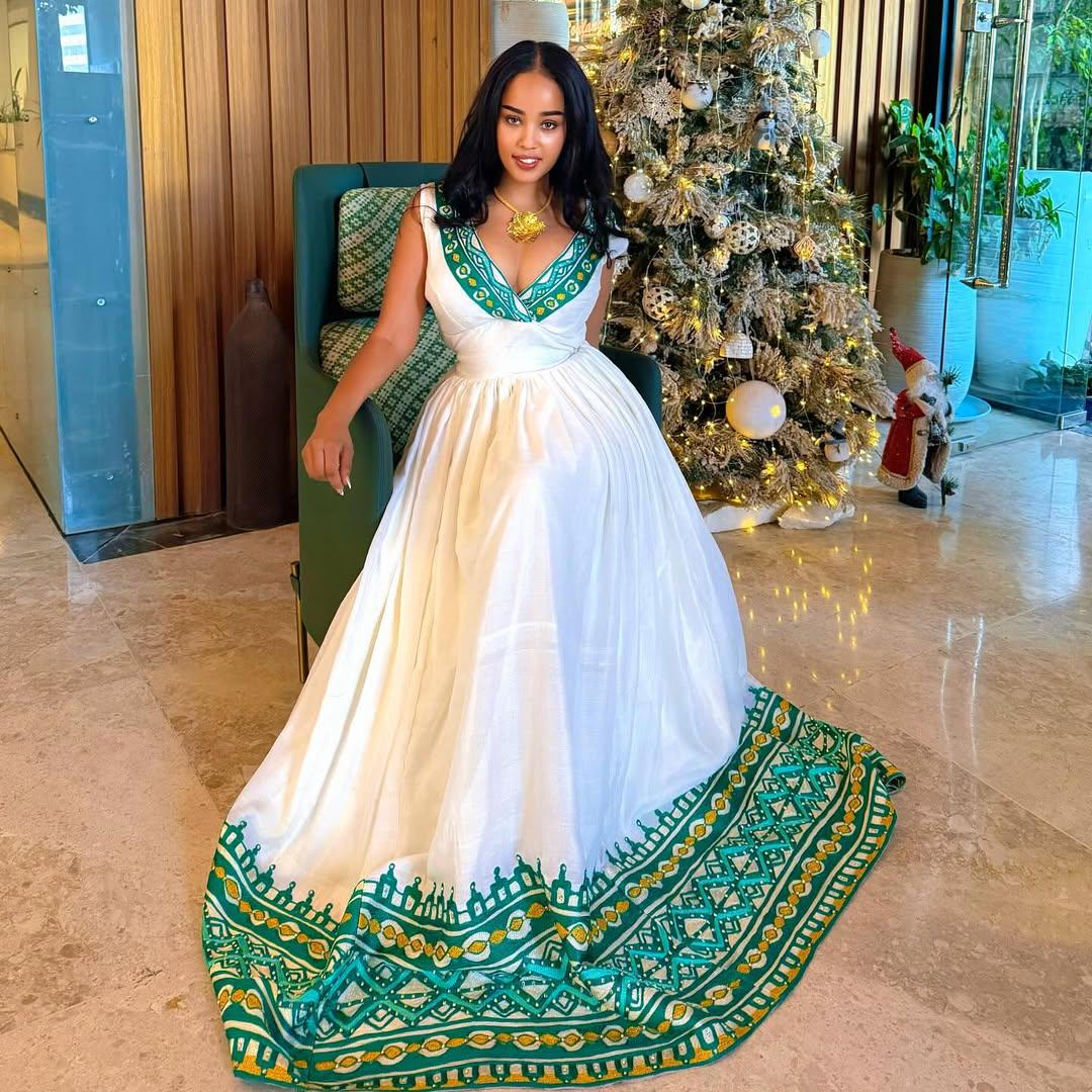 Cultural Habesha Kemis for Women, Green Tilet Eritrean & Ethiopian Traditional Dress, Custom Made