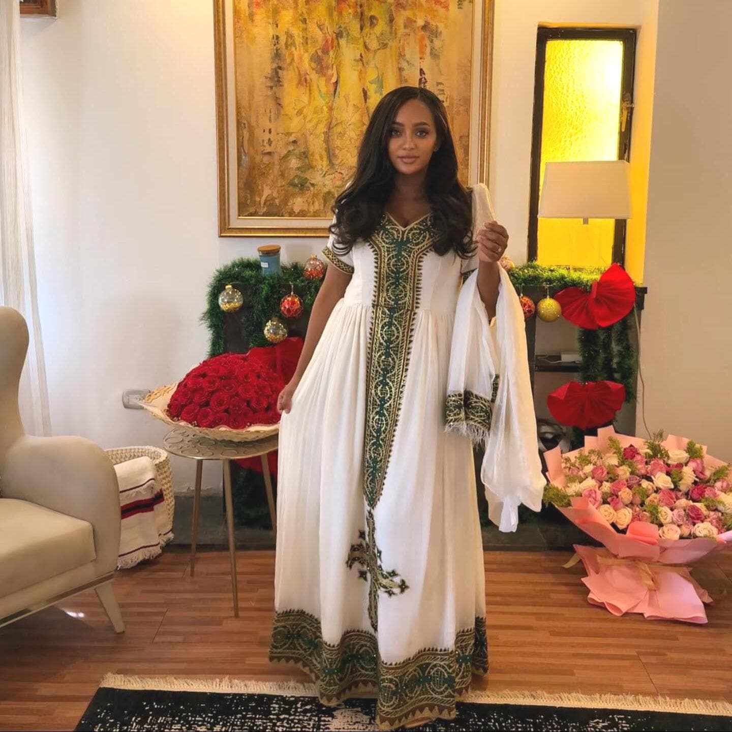 Cultural Habesha Kemis for Women, Dark green Tilet Eritrean & Ethiopian Traditional Dress,