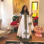 Cultural Habesha Kemis for Women, Dark green Tilet Eritrean & Ethiopian Traditional Dress,