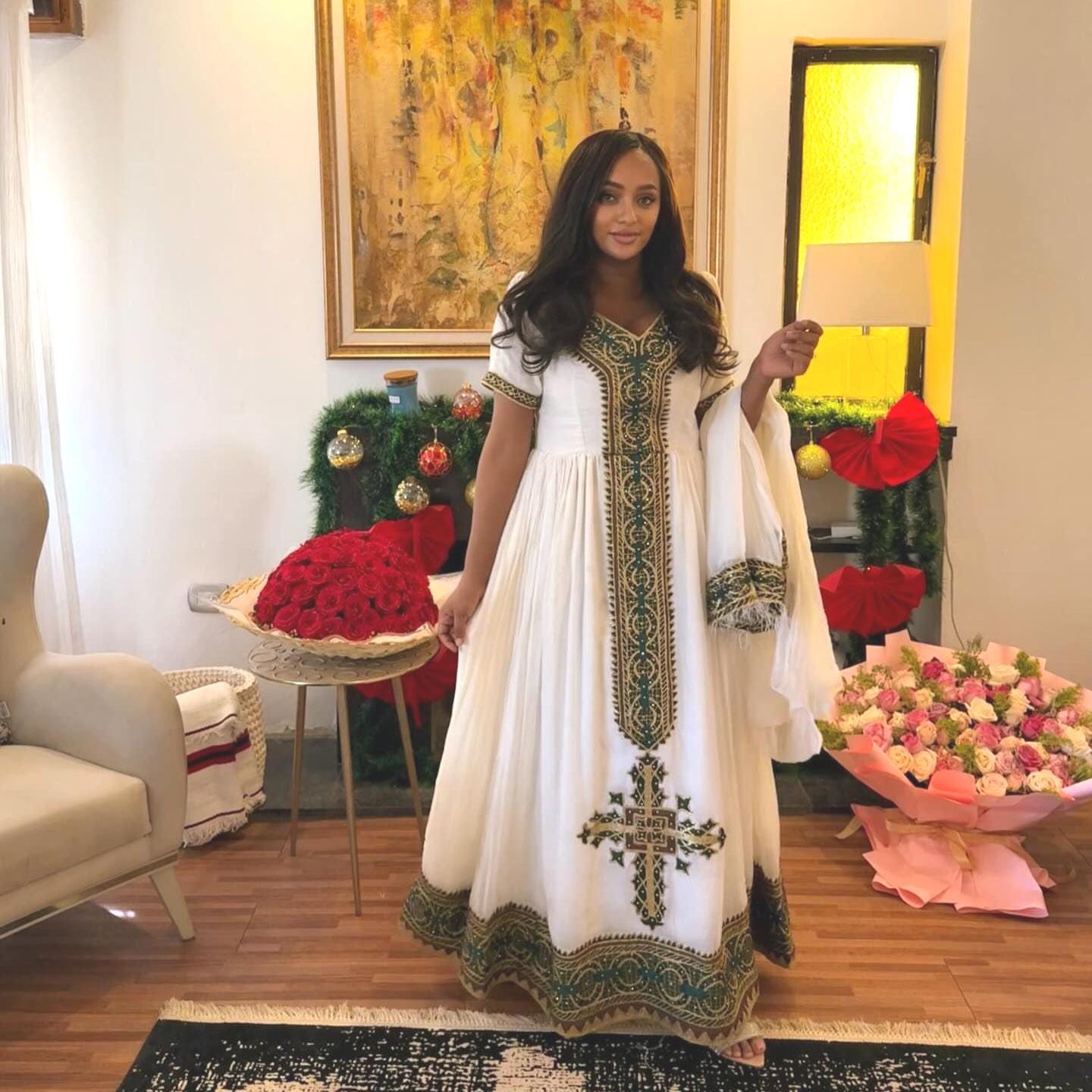 Cultural Habesha Kemis for Women, Dark green Tilet Eritrean & Ethiopian Traditional Dress,