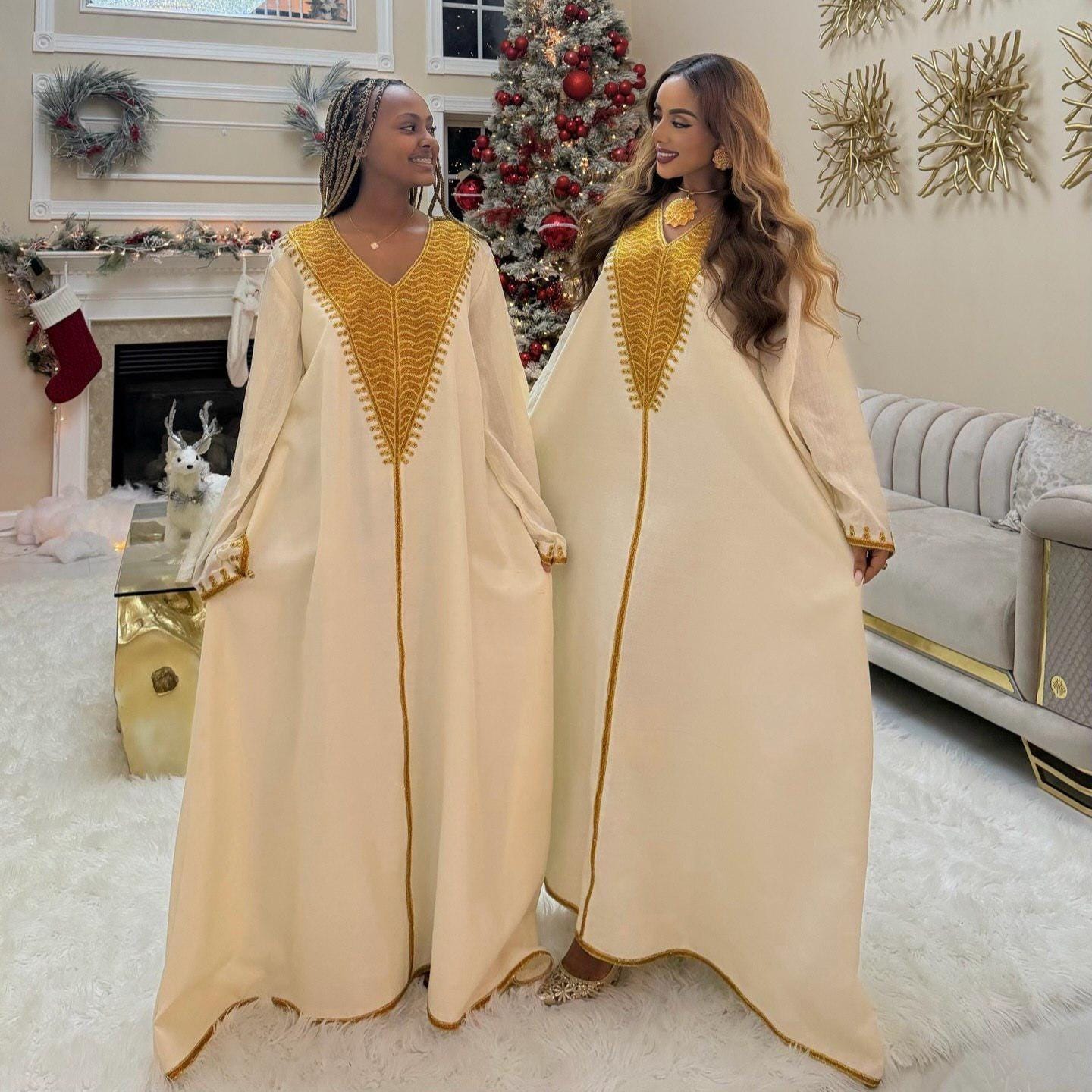 Cultural Habesha Kemis for Women, Golden Tilet Free Size Eritrean & Ethiopian Traditional Dress, Handmade Fetil