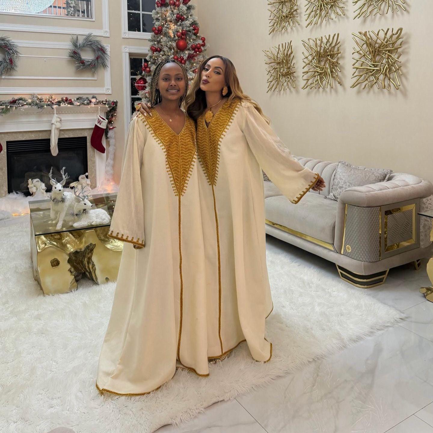 Cultural Habesha Kemis for Women, Golden Tilet Free Size Eritrean & Ethiopian Traditional Dress, Handmade Fetil