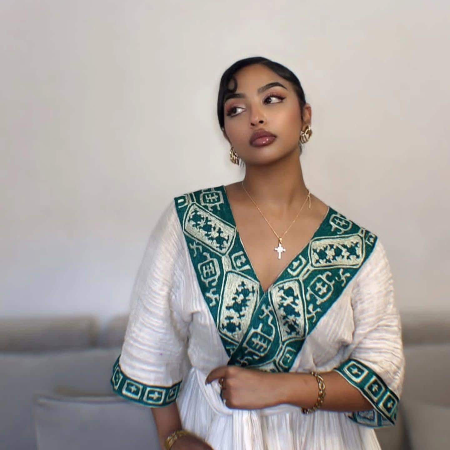 Cultural Habesha Kemis for Women, green. And white Tilet Eritrean & Ethiopian Traditional Dress