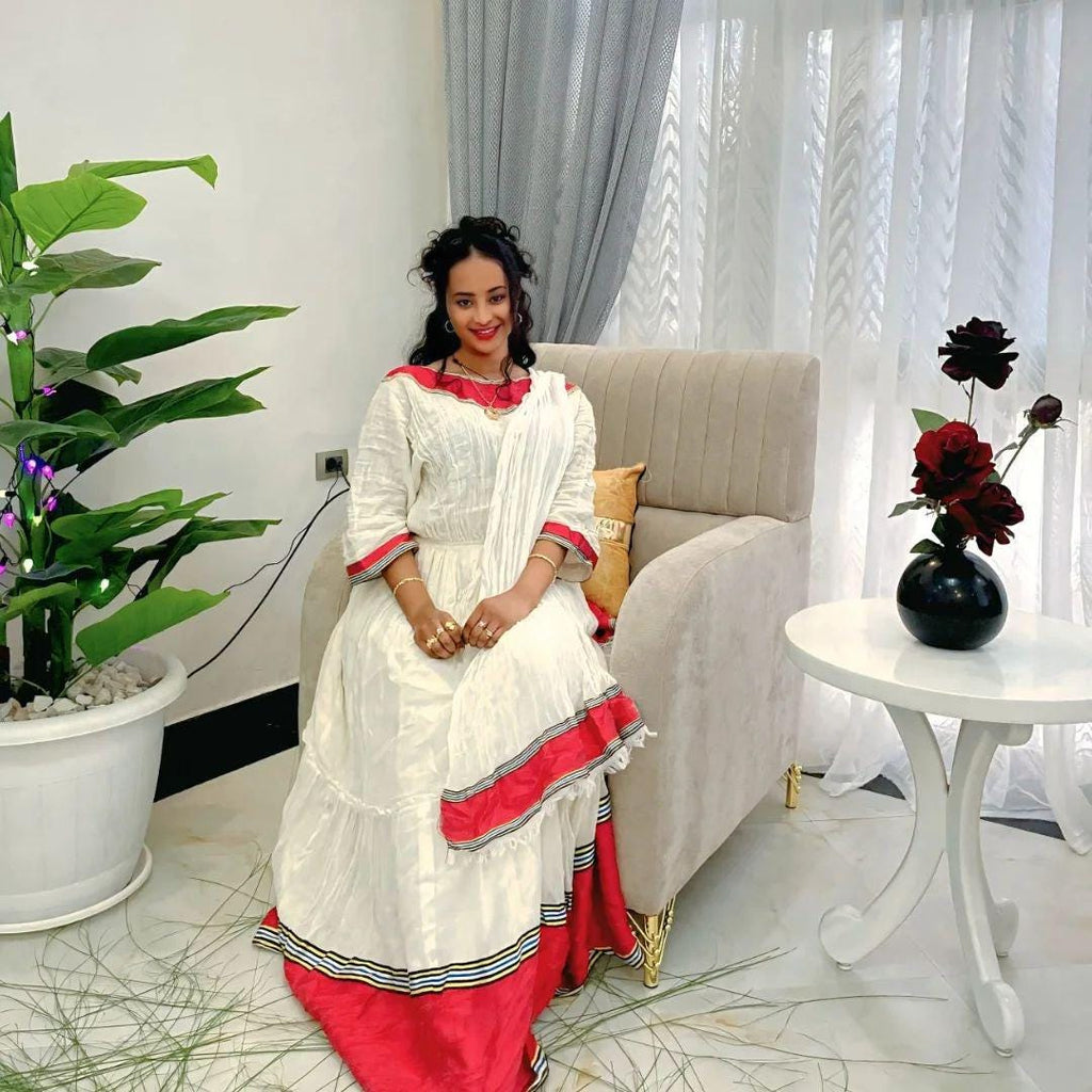Cultural Habesha Kemis for Women, Red Tilet Eritrean & Ethiopian Traditional Dress