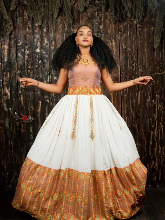 Cultural Habesha Kemis for Women,  Orange Tilet Eritrean & Ethiopian Traditional Dress